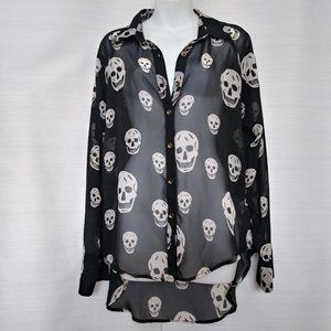 Womens Sheer Blouse Sz M Black White Skull